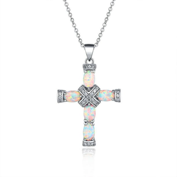 Fashion heart Cross White Fire Opal Black Gold Plated Pendant Necklace Jewelry 